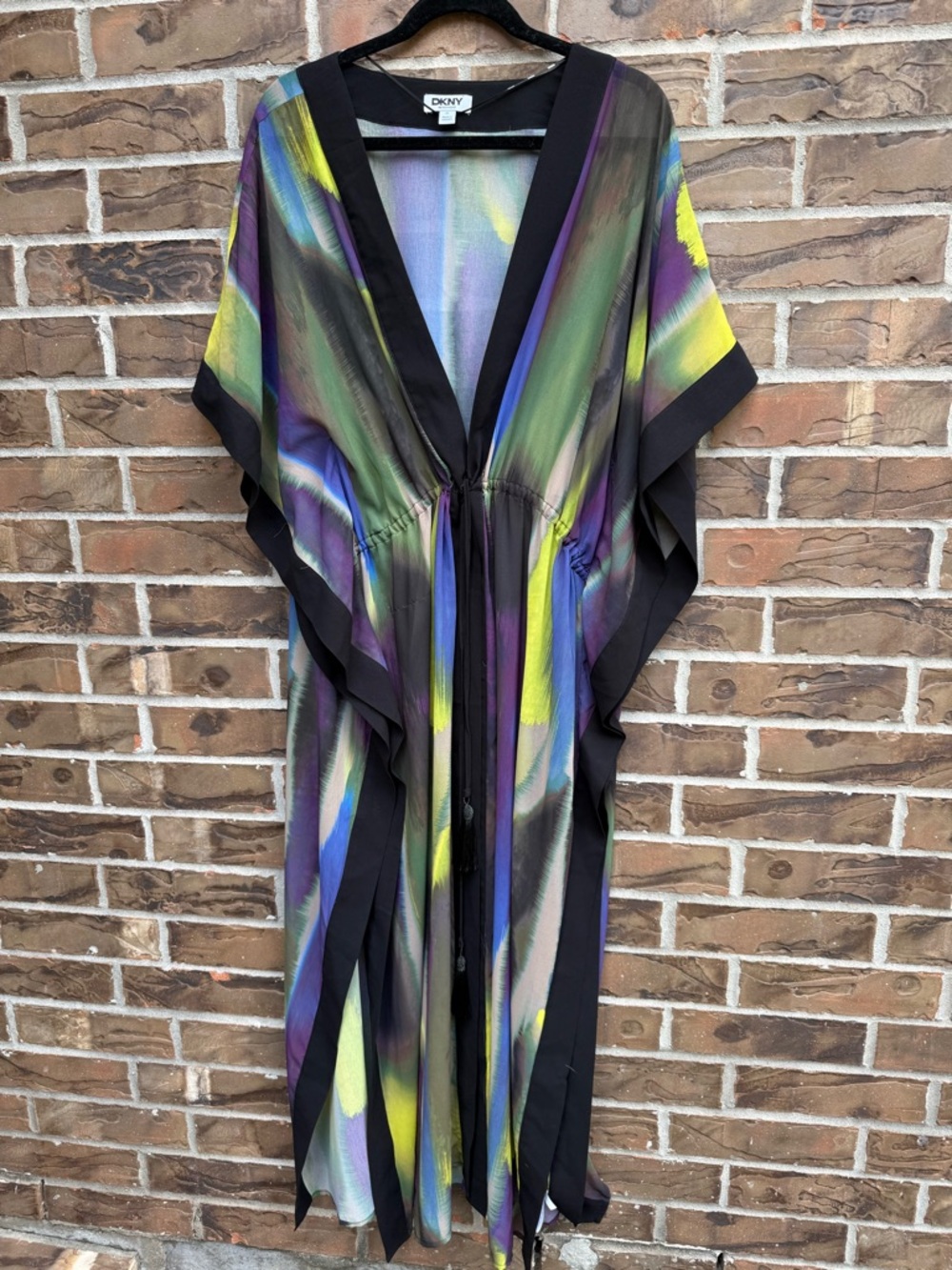 DKNY Multicolor Brushstroke Chiffon‎ Swim Coverup with Black Trim
